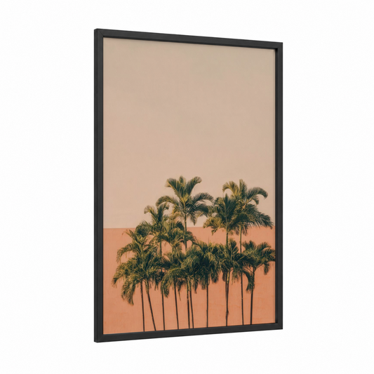 Desert Palm Grove framed palm forest print — black wood frame — peach and beige palette