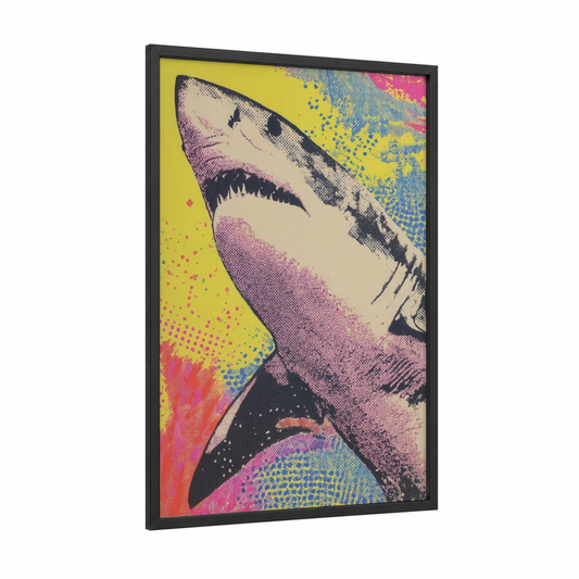 Neon Bull Shark framed art print — black wood frame — yellow gold and magenta palette