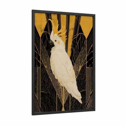 Golden Cockatoo framed safari parrots print — black wood frame — gold and black and gold palette