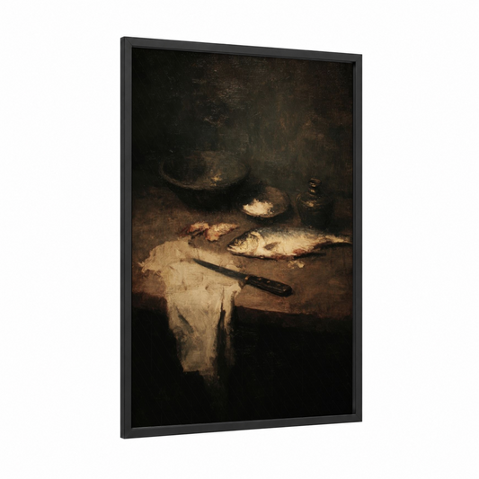 Rustic Fish Preparation framed seafood print — black wood frame — espresso and cream palette