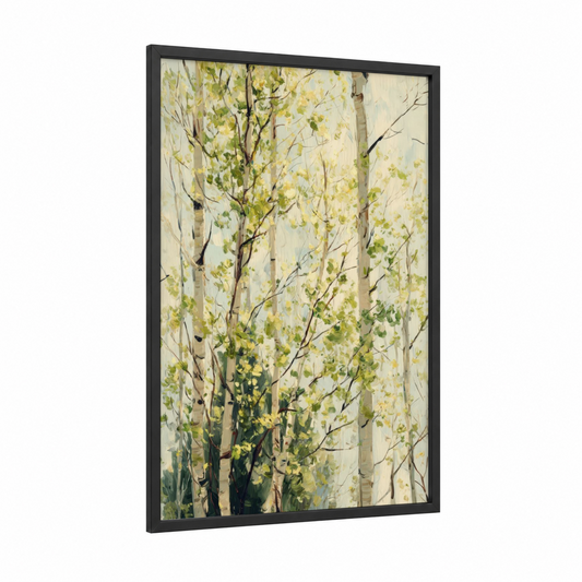 Golden Aspen Forest framed art print — black wood frame — light green and cream palette