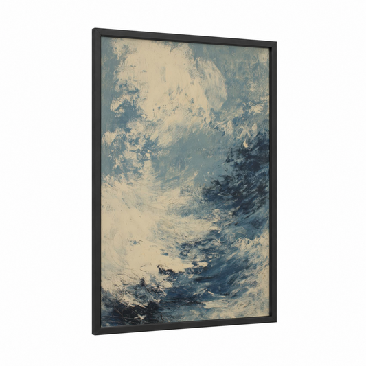 Snowy Mountain Peak framed winter print — black wood frame — blue and white and gray palette