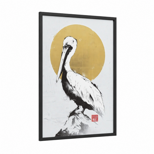 Golden Pelican framed art print — black wood frame — gold and black and white palette