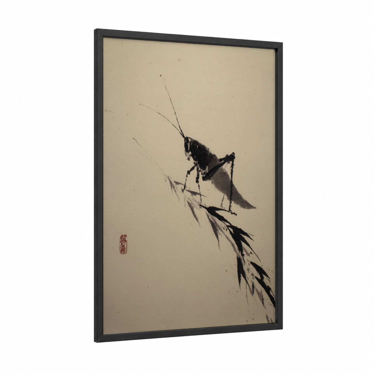 Contemplative Grasshopper framed art print — black wood frame — black and white and beige palette