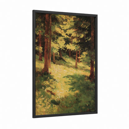 Sunlit Cedar Path framed cedar forest print — black wood frame — yellow gold and true green palette