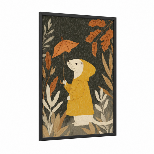 Autumn Weasel framed art print — black wood frame — gold and gray palette