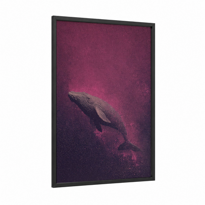 Crimson Whale Ascent framed sperm whale print — black wood frame — magenta and purple palette
