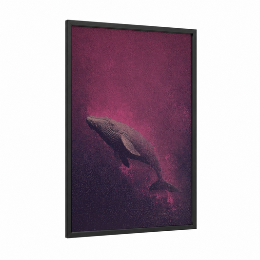 Crimson Whale Ascent framed sperm whale print — black wood frame — magenta and purple palette