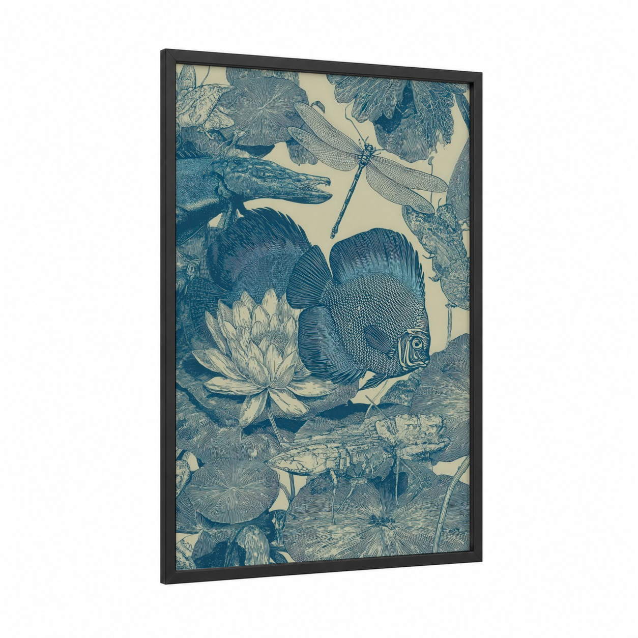 Discus Fish Garden framed art print — black wood frame — blue and cream palette