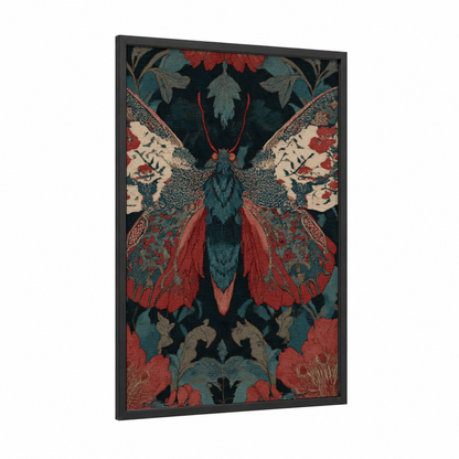 Ornate Butterfly Tapestry framed art print — black wood frame — teal and red palette
