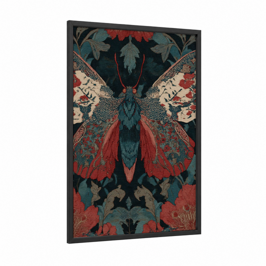Ornate Butterfly Tapestry framed art print — black wood frame — teal and red palette