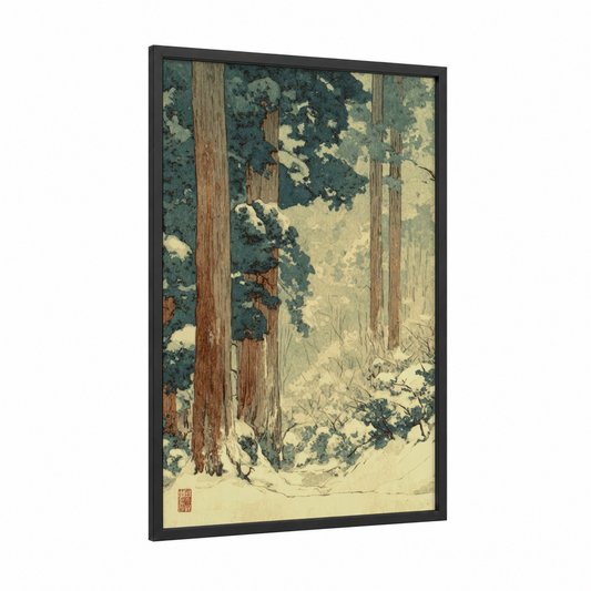 Snowy Cedar Forest framed art print — black wood frame — cream and teal palette