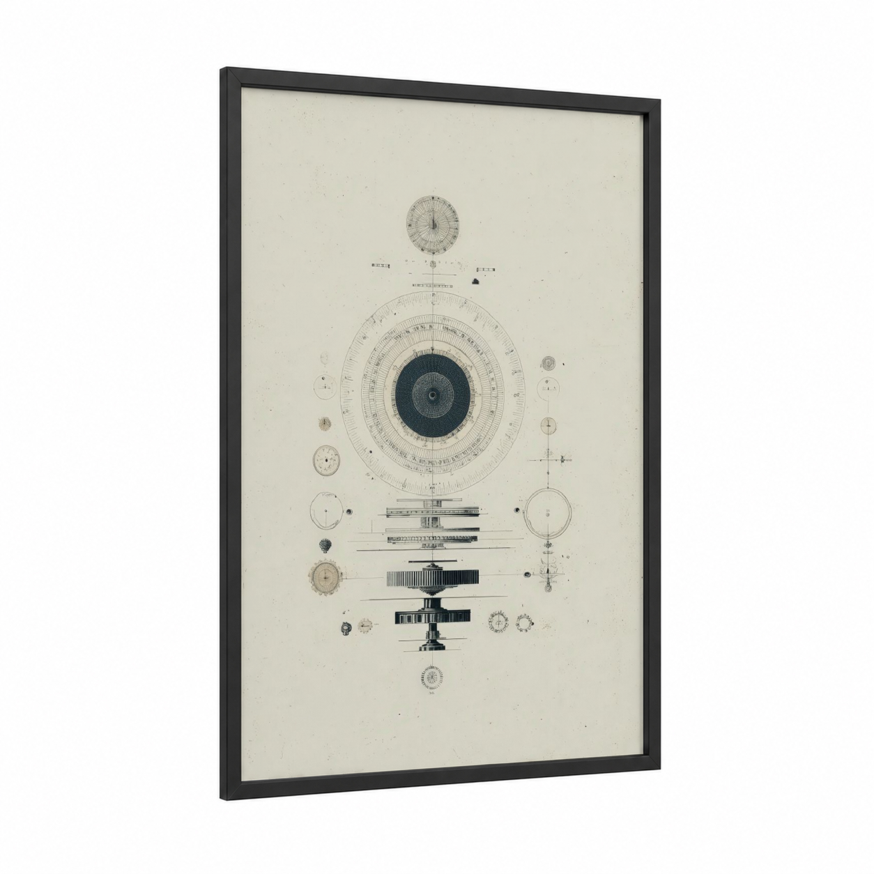 Vintage Compass Blueprint framed art print — black wood frame — black and white and cream palette
