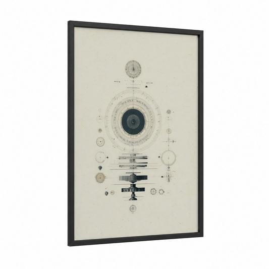 Vintage Compass Blueprint framed art print — black wood frame — black and white and cream palette