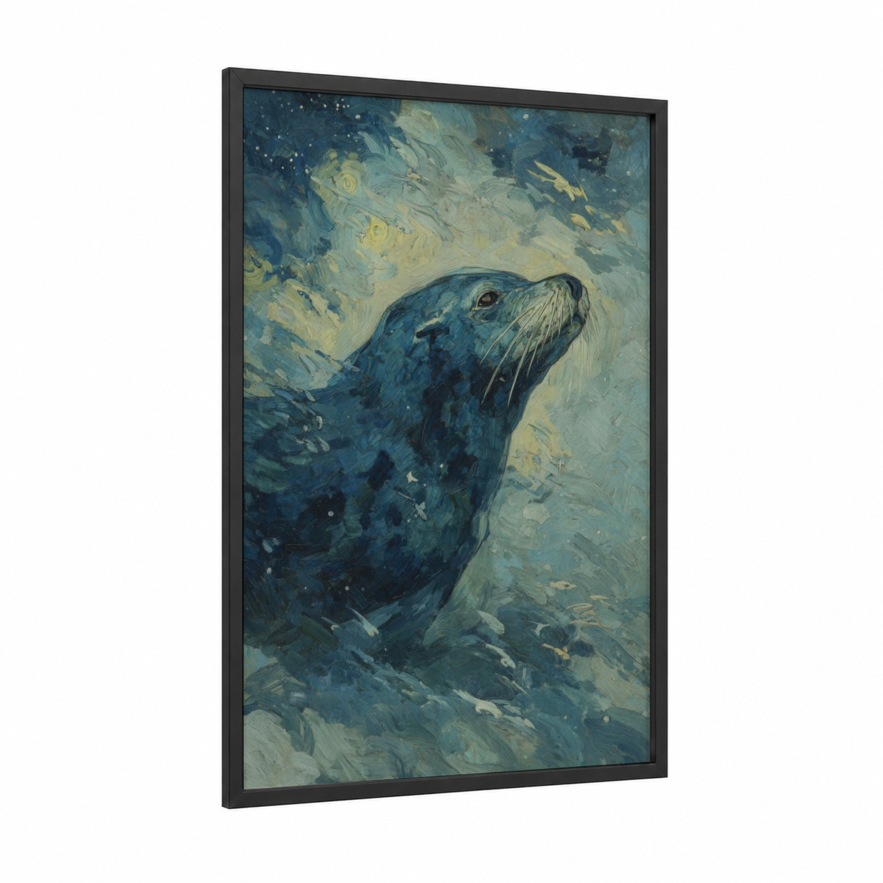 Upward Sea Lion framed art print — black wood frame — blue and cream palette