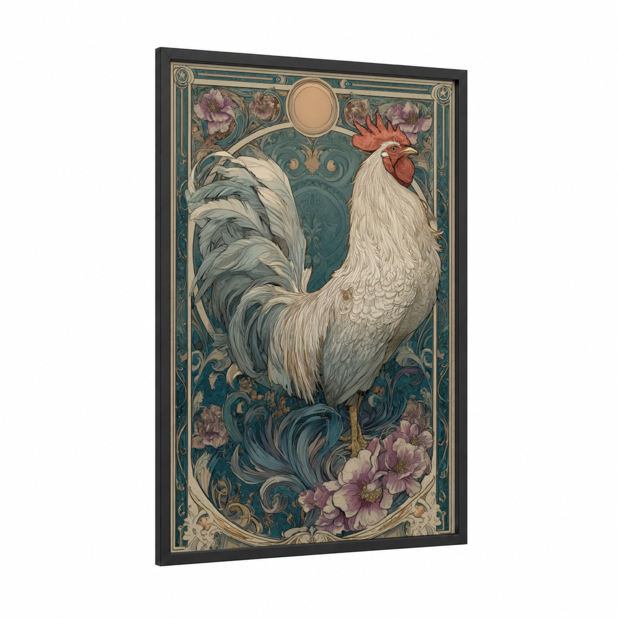 Ornate Rooster framed chicken and roosters print — black wood frame — teal and cream palette
