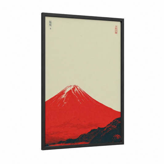 Crimson Mount Fuji framed art print — black wood frame — red and black palette