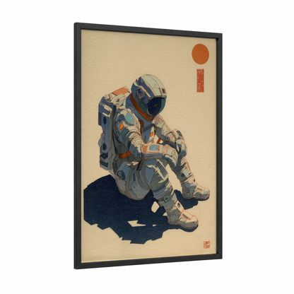 Contemplative Astronaut framed japanese retrofuturism print — black wood frame — cream and russet palette