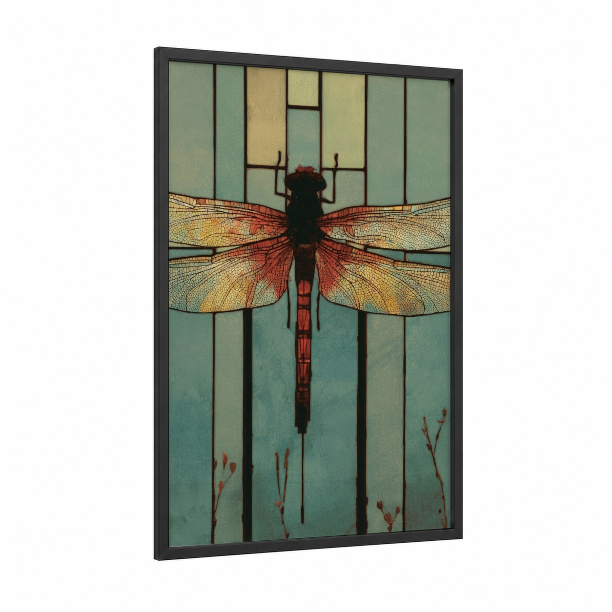 Stained Glass Dragonfly framed art print — black wood frame — sage green and gold palette