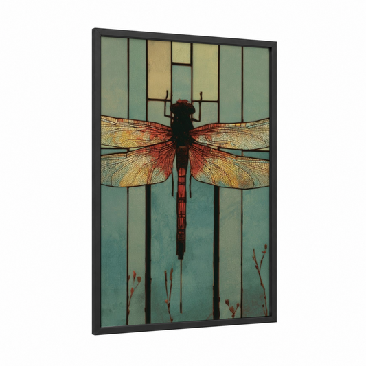 Stained Glass Dragonfly framed art print — black wood frame — sage green and gold palette