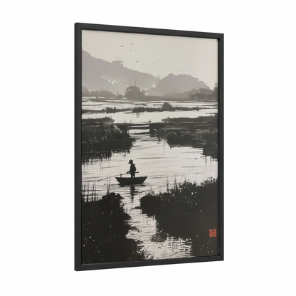 Misty River Boatman framed various landscapes print — black wood frame — black and white and gray palette