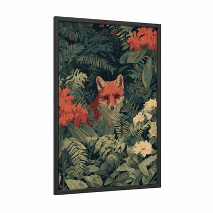 Garden Fox framed art print — black wood frame — dark green and salmon pink palette