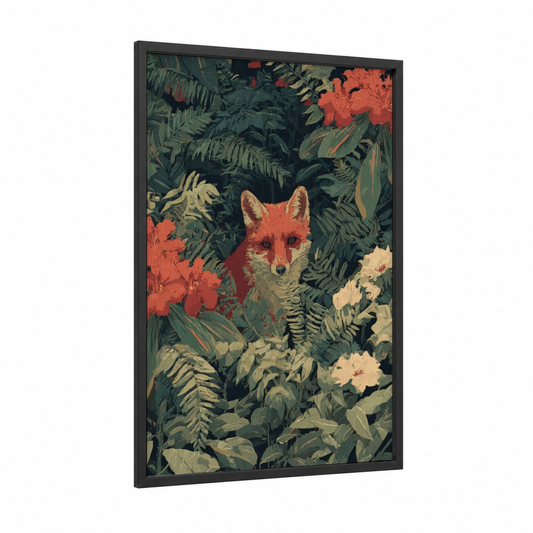 Garden Fox framed art print — black wood frame — dark green and salmon pink palette