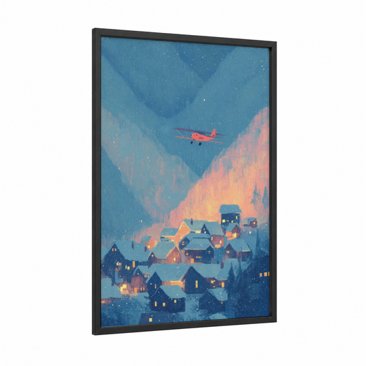 Alpine Arrival framed propeller plane print — black wood frame — blue and salmon pink palette