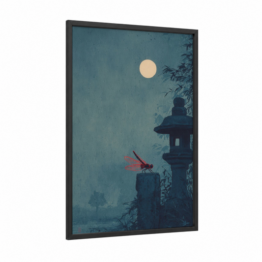 Crimson Dragonfly Moon framed art print — black wood frame — teal and gold palette