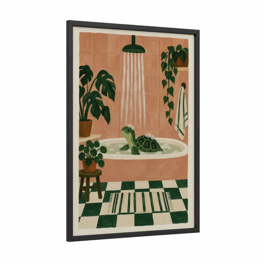 Turtle Bathing With Plants Wall Art framed art print — black wood frame — peach and true green palette