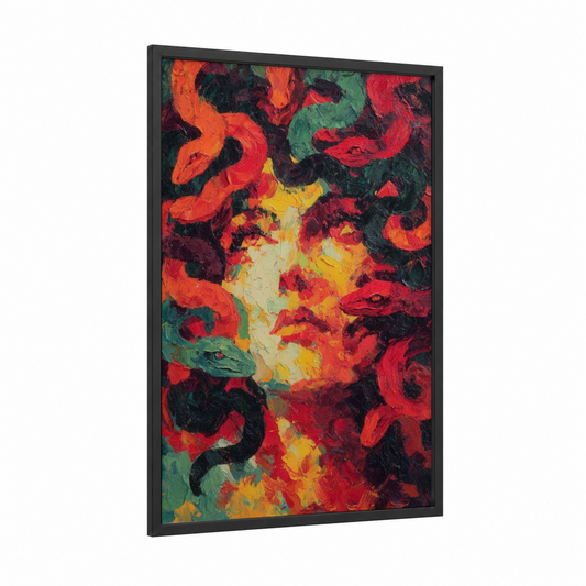 Crimson Medusa framed art print — black wood frame — red and orange palette