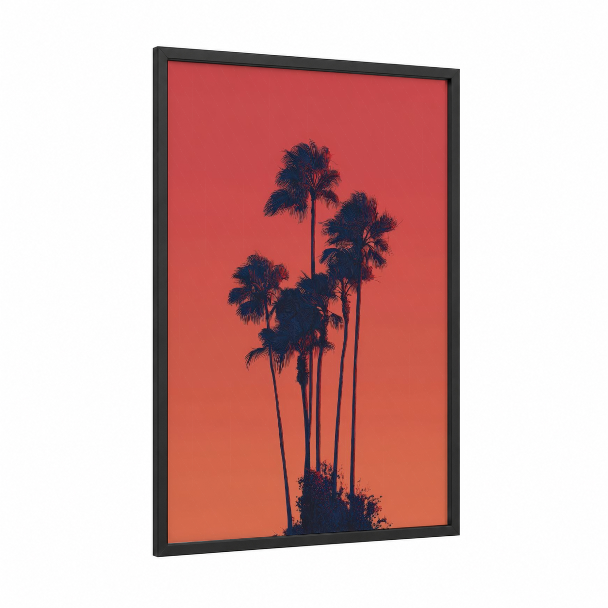 Sunset Palm Silhouettes framed palm tree print — black wood frame — orange palette