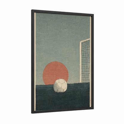 Sunset Soccer Goal framed art print — black wood frame — sage green and peach palette