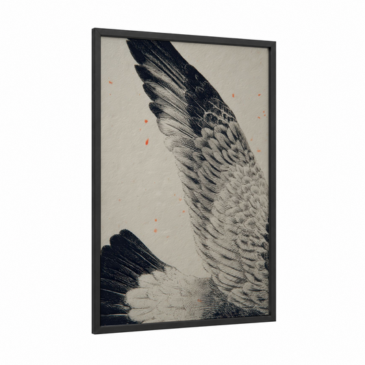 Ascending Seagull framed art print — black wood frame — black and white and peach palette