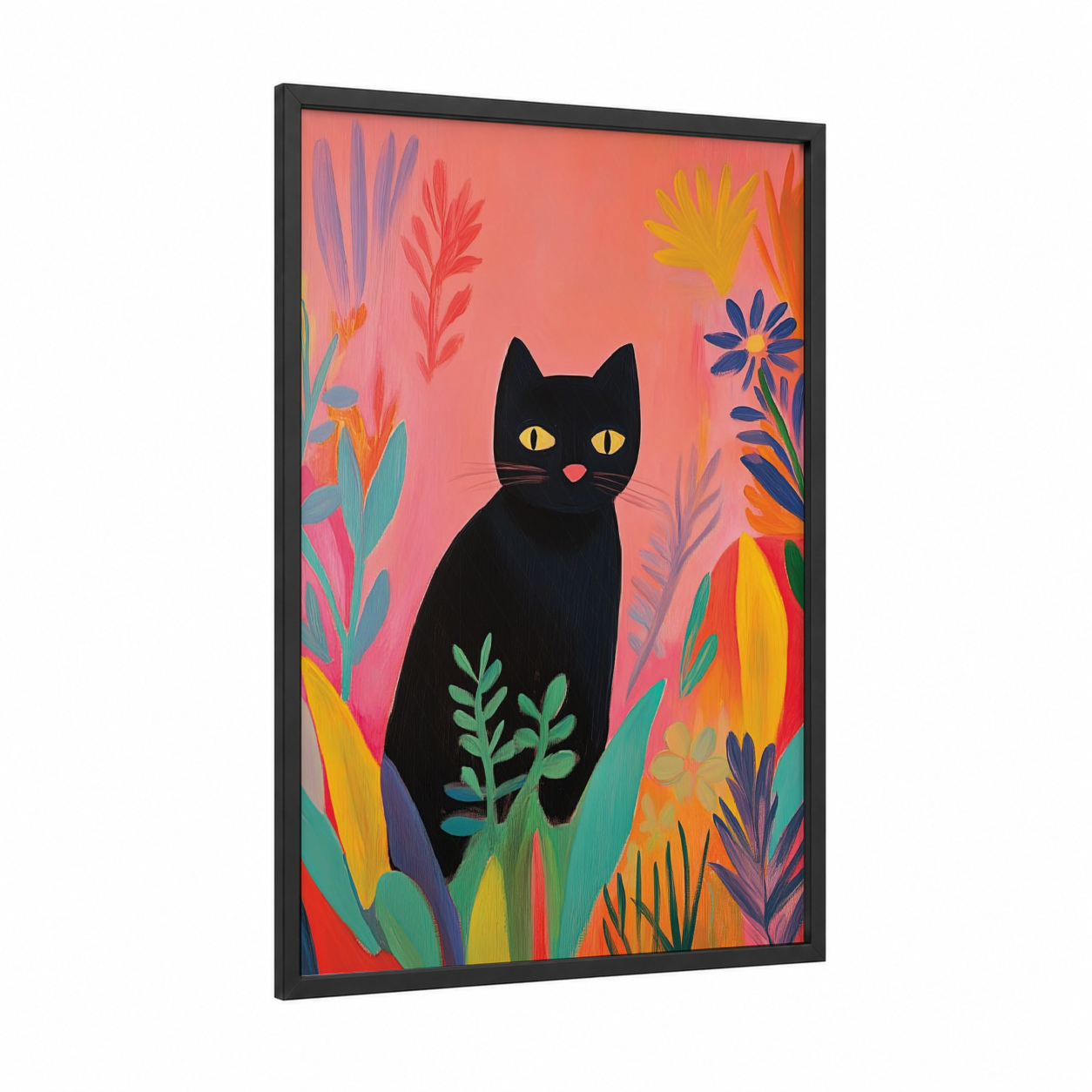 Garden Cat framed art print — black wood frame — peach and true green palette