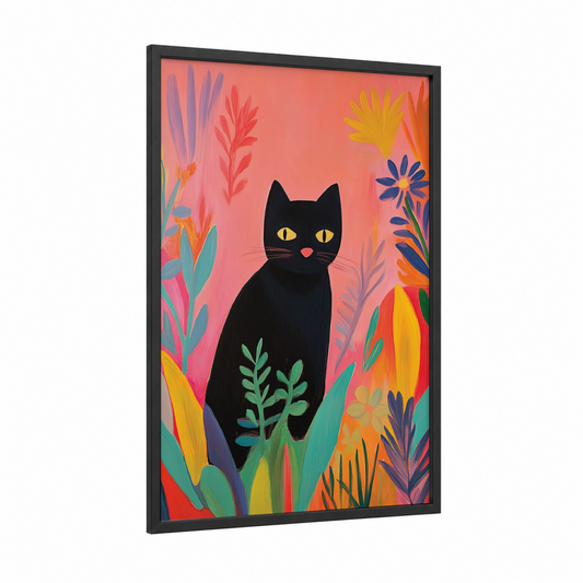 Garden Cat framed art print — black wood frame — peach and true green palette