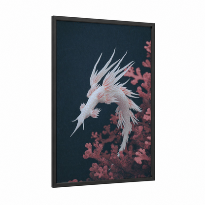 Crimson Nudibranch framed art print — black wood frame — white and salmon pink palette
