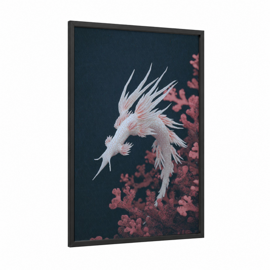 Crimson Nudibranch framed art print — black wood frame — white and salmon pink palette
