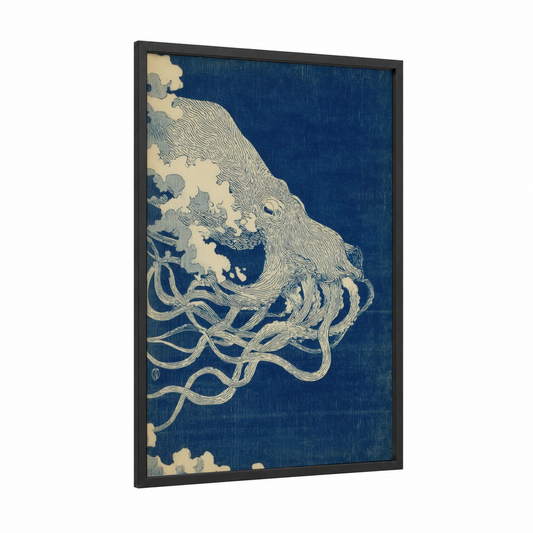 Celestial Squid framed art print — black wood frame — dark blue and cream palette