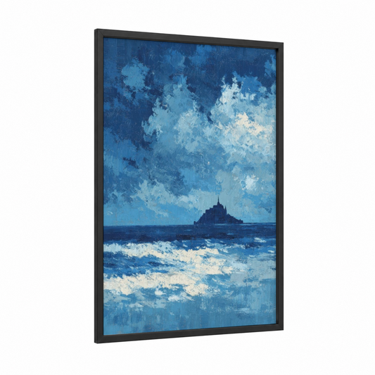 Azure Mont-Saint-Michel framed mont saint-michel print — black wood frame — blue and white palette