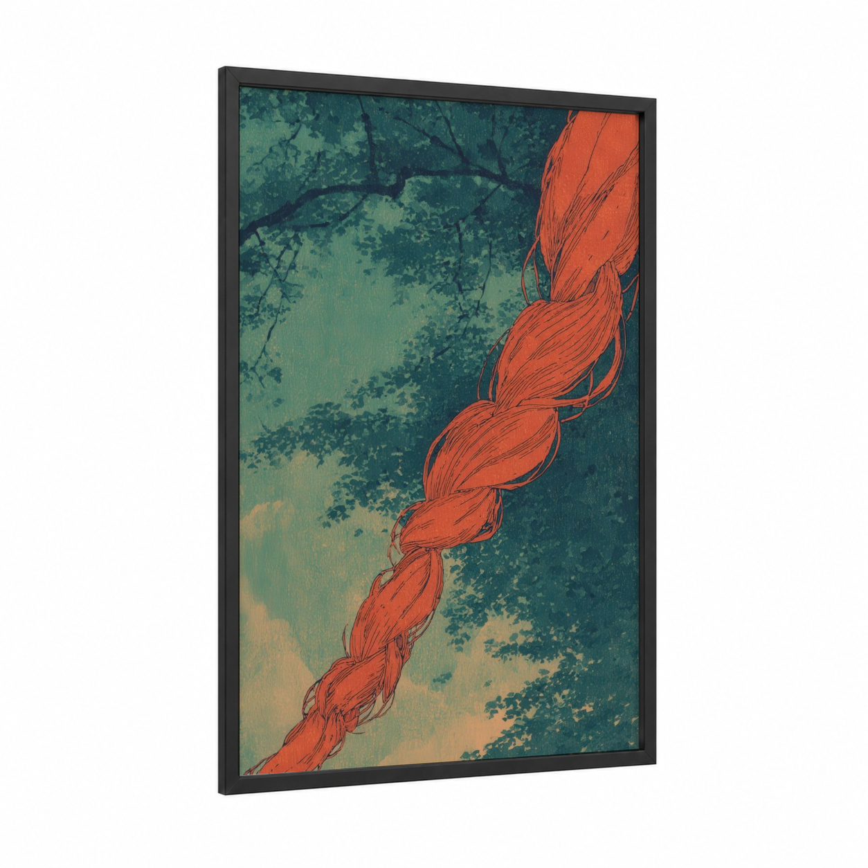 Flowing Copper Waves framed hair print — black wood frame — teal and red palette