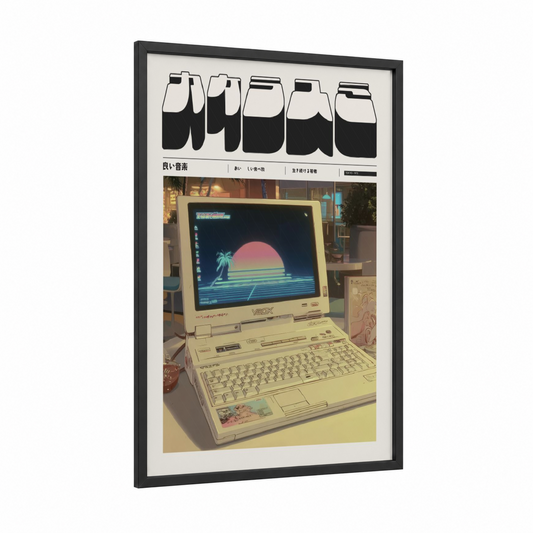 Retro Sunset Laptop framed anime and manga print — black wood frame — cream and magenta palette