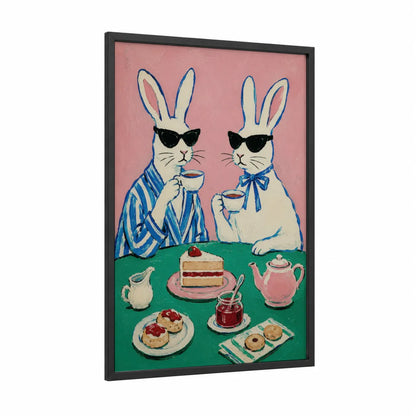 Stylish Rabbits Tea Party Wall Art framed art print — black wood frame — pink and blue palette