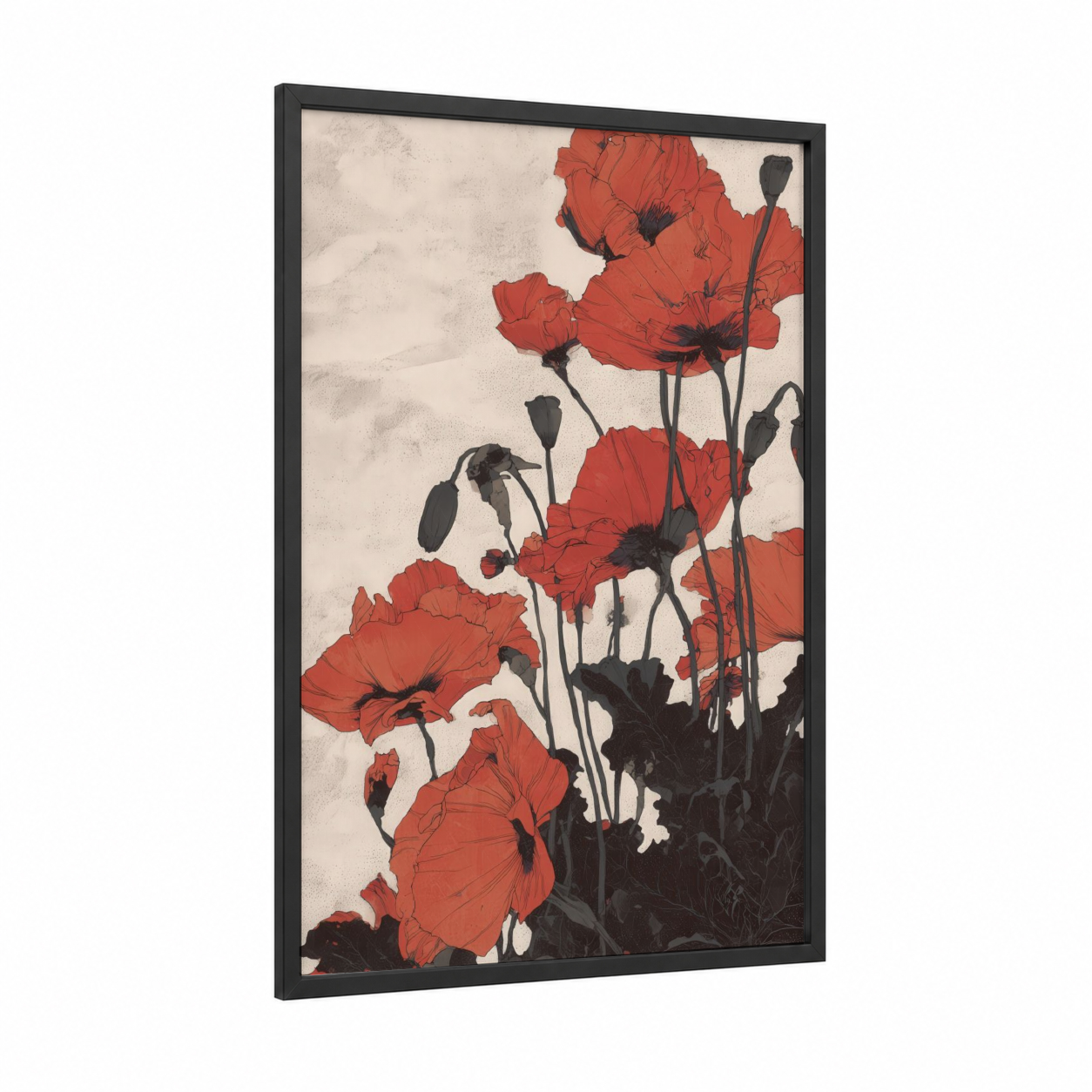 Crimson Poppies framed art print — black wood frame — red and cream palette