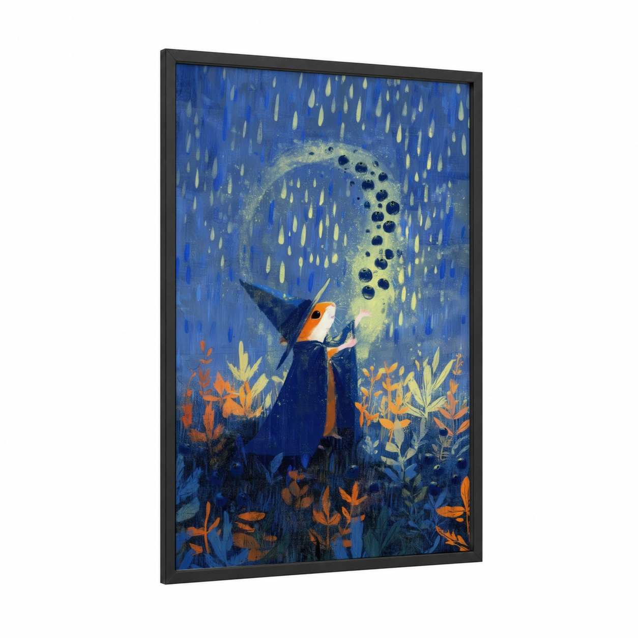 Magical Hamster framed art print — black wood frame — blue and gold palette