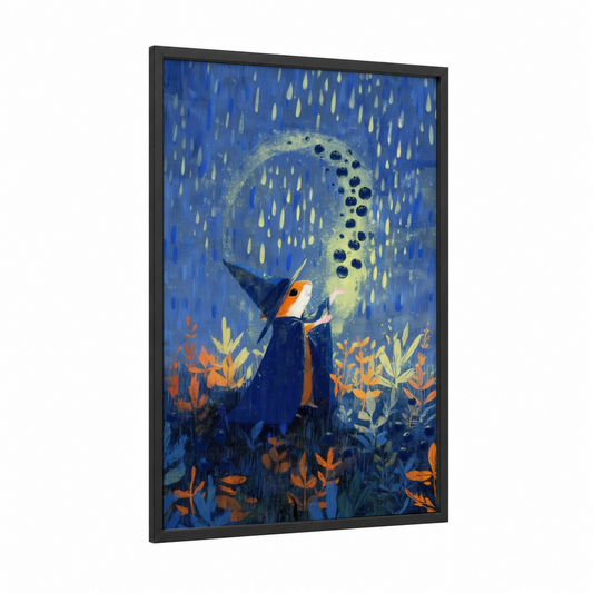 Magical Hamster framed art print — black wood frame — blue and gold palette