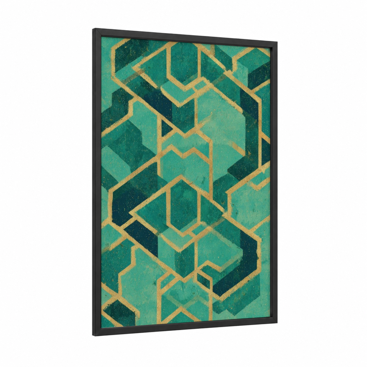 Emerald Geometry framed islam print — black wood frame — teal and gold palette