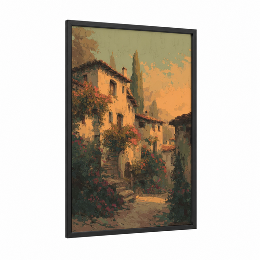 Golden Tuscan Village framed art print — black wood frame — yellow gold and russet palette