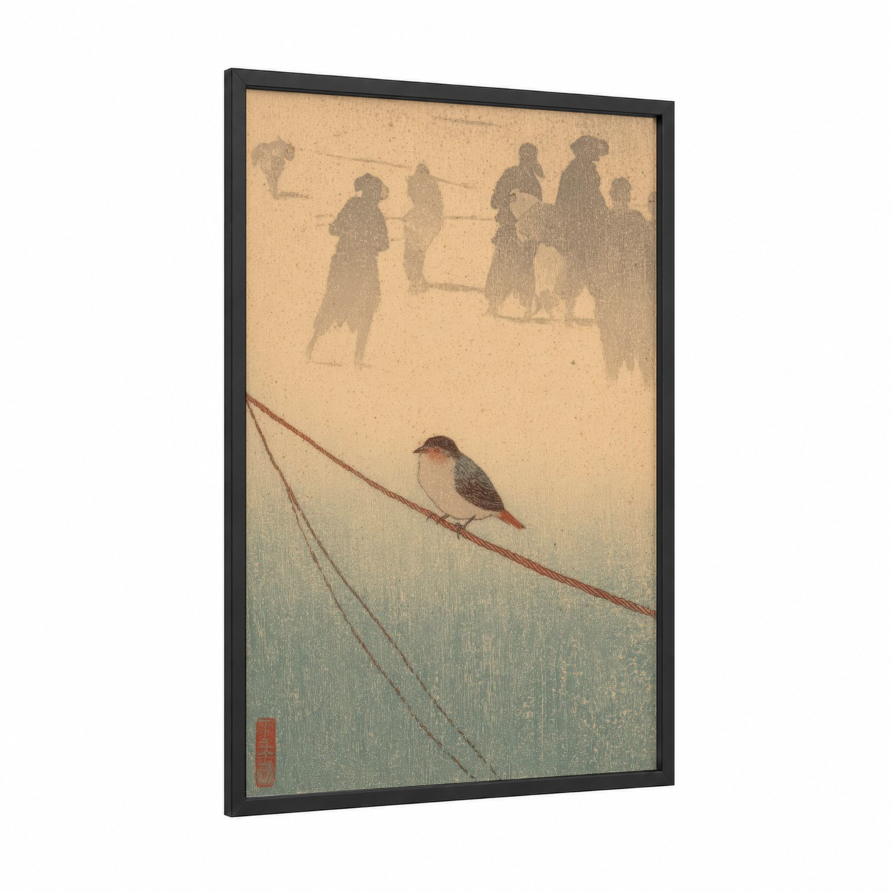 Cricket Shadow Players framed art print — black wood frame — cream and sage green palette
