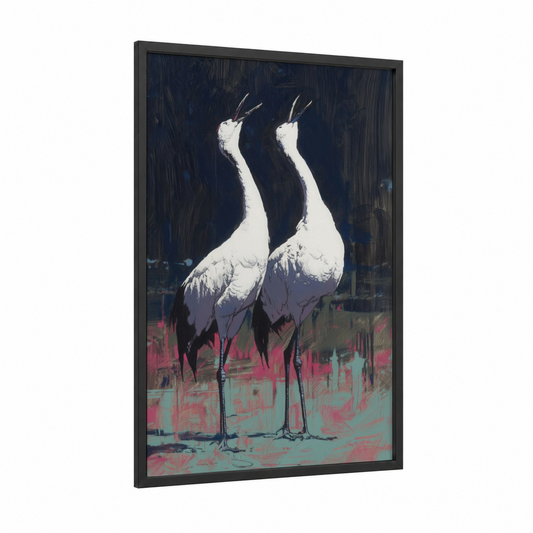 Elegant Crane Pair framed art print — black wood frame — white and magenta palette